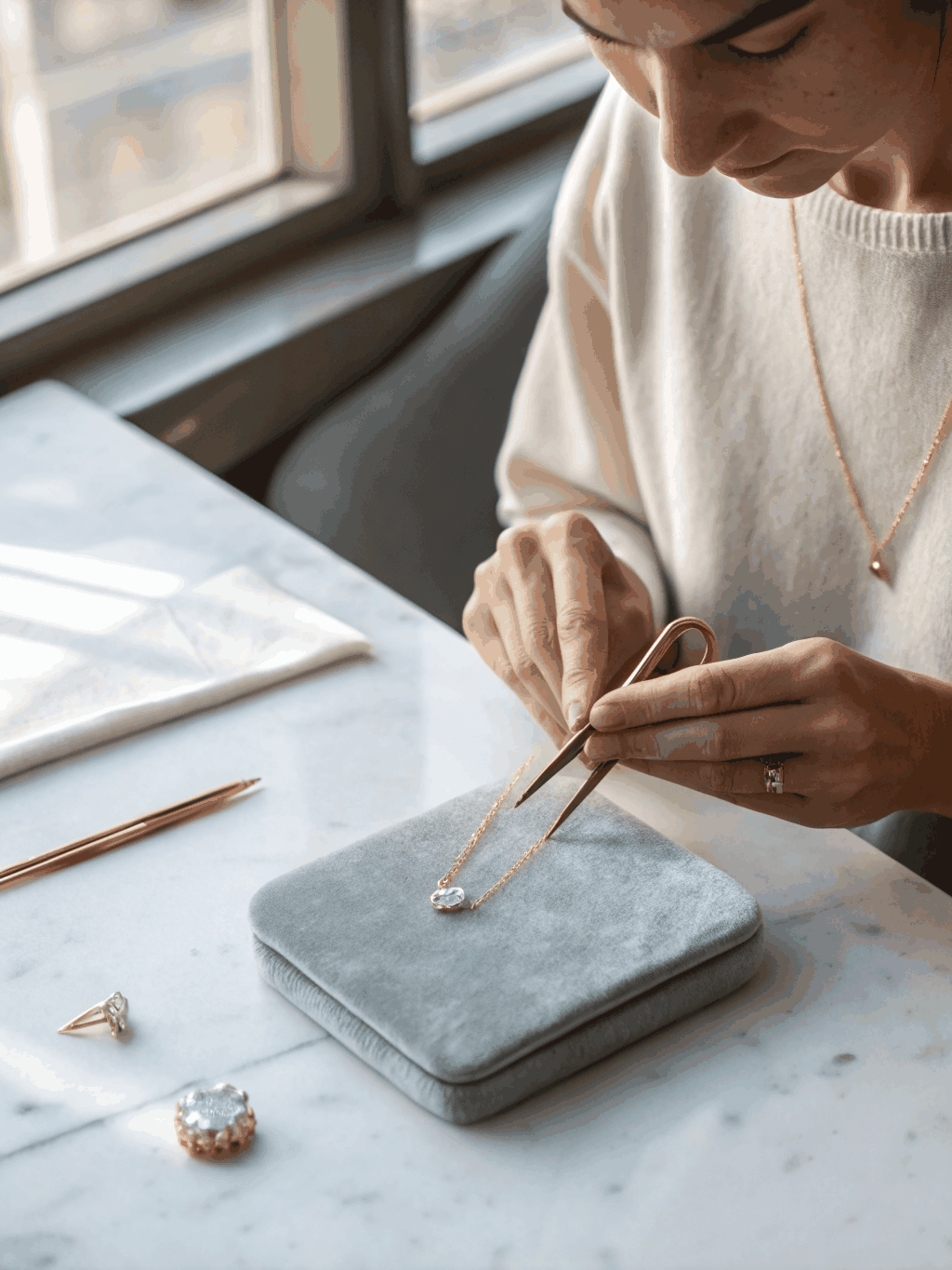 Master jeweler carefully setting a radiant diamond in a solid gold band at the atelier